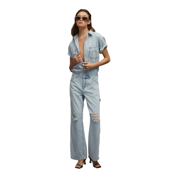 Pilcro Slouchy Denim Jumpsuit Light Wash Straight Leg Distressed - Picture 3 of 7